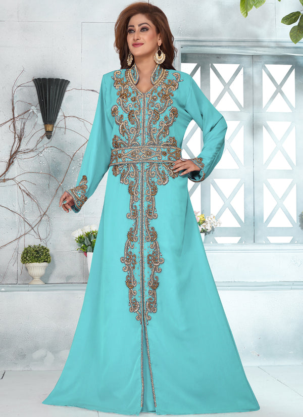 Aqua Blue Georgette Bead Work Kaftan
