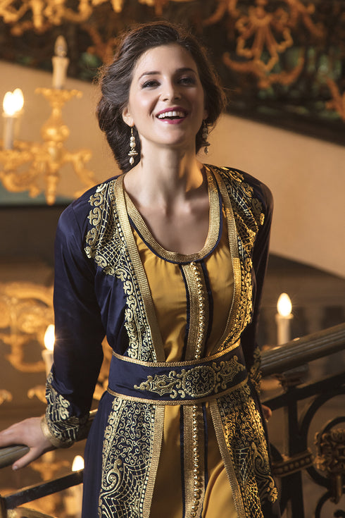 Dark blue thread work style fabric dubai party wear designer kaftan
