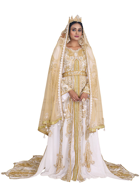 White unique wedding hand beaded long sleeve maxi arabic moroccan takchita kaftan