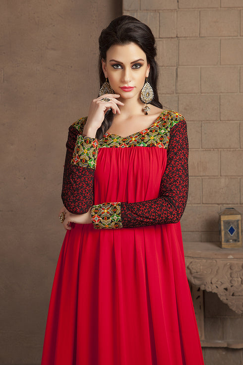 Red long sleeve modern embroidery maxi dress
