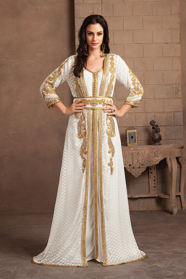 Gleaming off white party wear handmade moroccan style kaftan