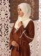 Rust a-line fit abaya with flared sleeves contrast piping belt and hijab