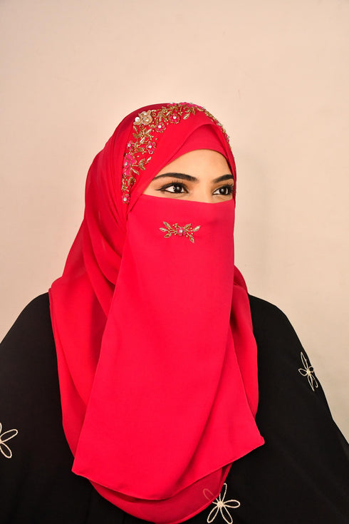 Wrap My Hijab Rani Pink Embroidered Hijab Scarf – Floral Beaded Design, 60×39 cm