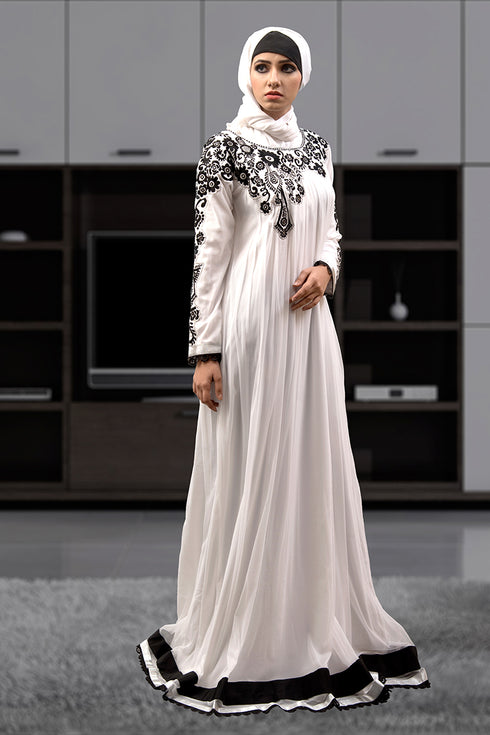 Long party wear full sleeve white abaya