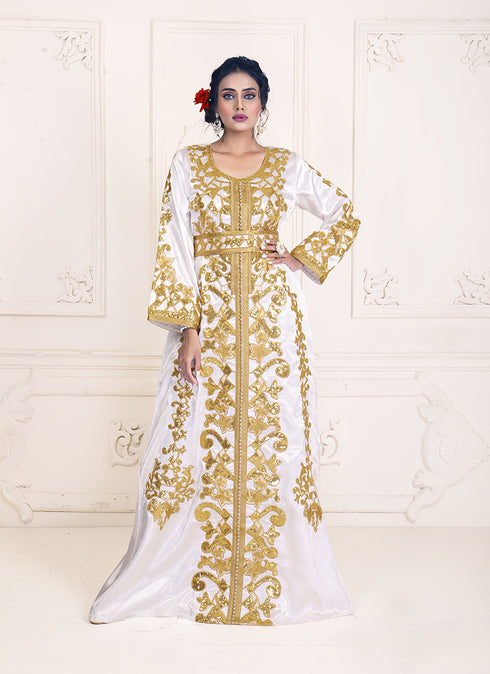 White Silk Gold Resham Embroidered Kaftan Dress
