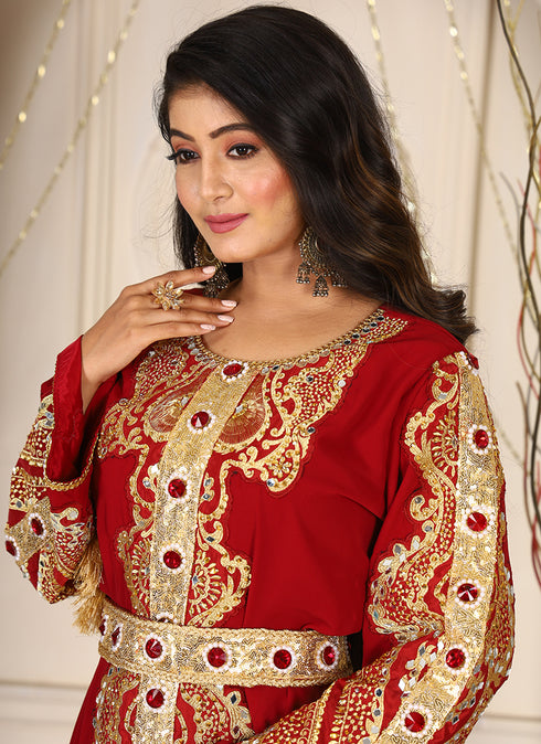 Maroon maxi designer moroccan kaftan arabic wedding stylish israeli embroidery takchita party wear wedding kaftan