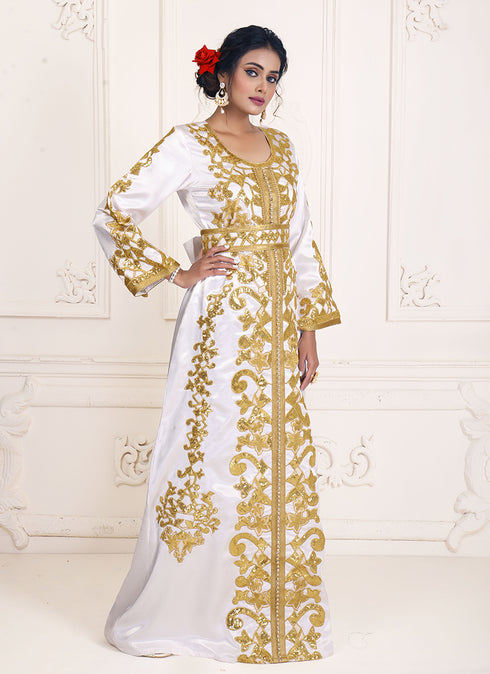 White Silk Gold Resham Embroidered Kaftan Dress