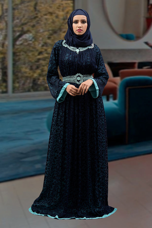 Style thread work aqua blue abaya