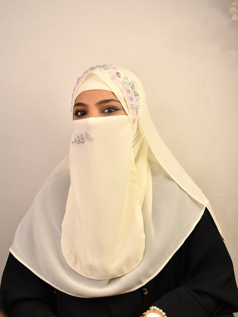 Cream luxury bridal wedding wear hijab scarf with handwork naqab