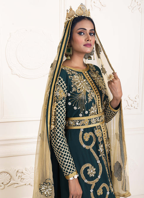 Bottle green good looking wedding hand beaded long sleeve maxi arabic moroccan islamic designer takchita kaftan