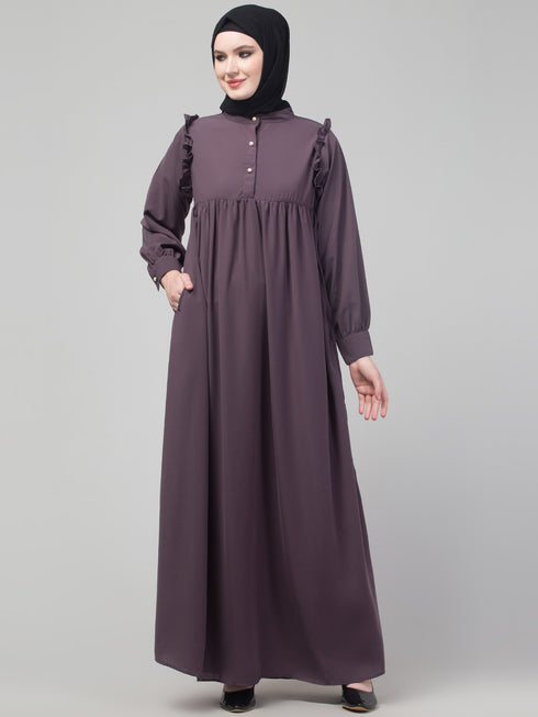 Purple waist frill cuff sleeves flare abaya with hijab
