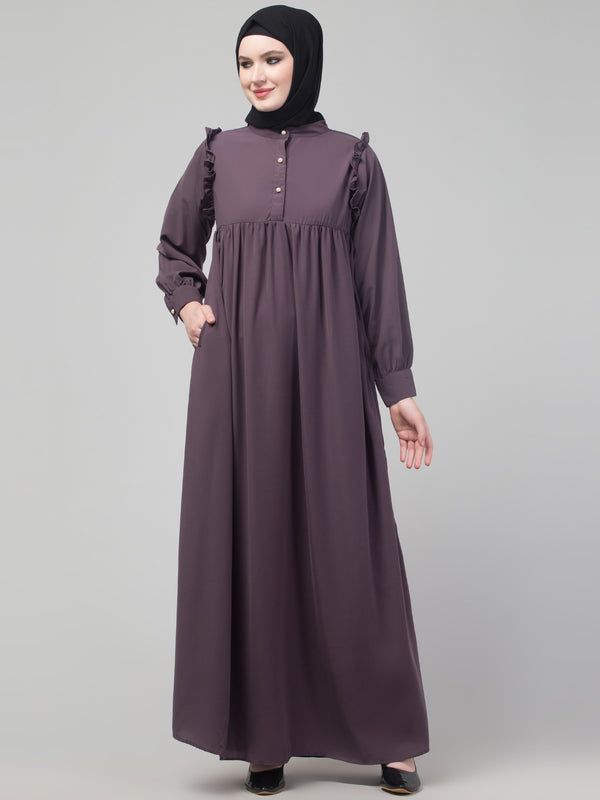Purple waist frill cuff sleeves flare abaya with hijab