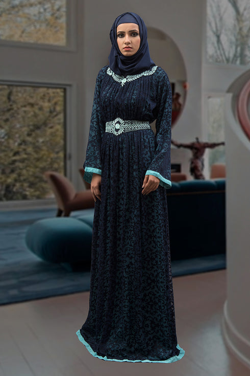 Style thread work aqua blue abaya