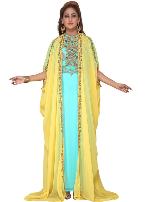 Yellow embroidered georgette islamic-kaftans