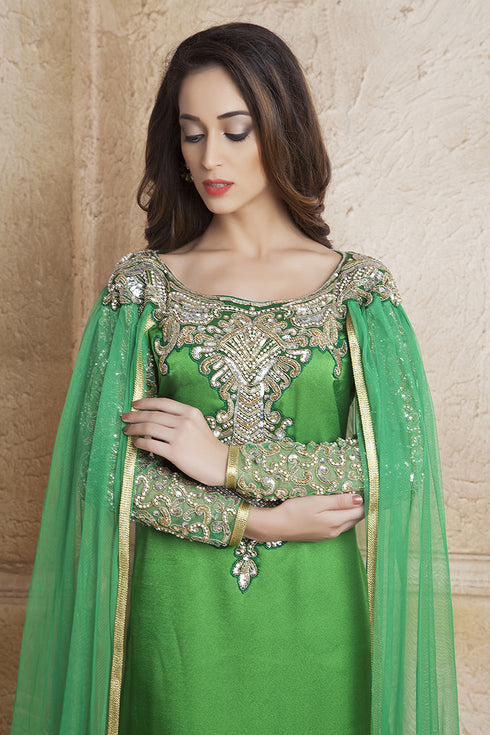 Green designer handmade arabic moroccan muslim long sleeve wedding caftan with vail