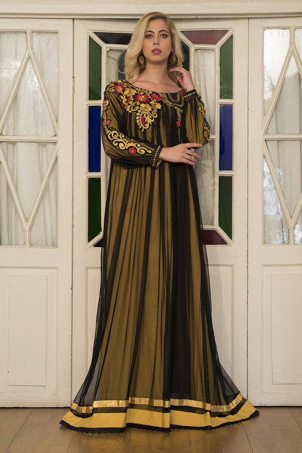 Gold yellow embroidery full sleeve formal maxi dress