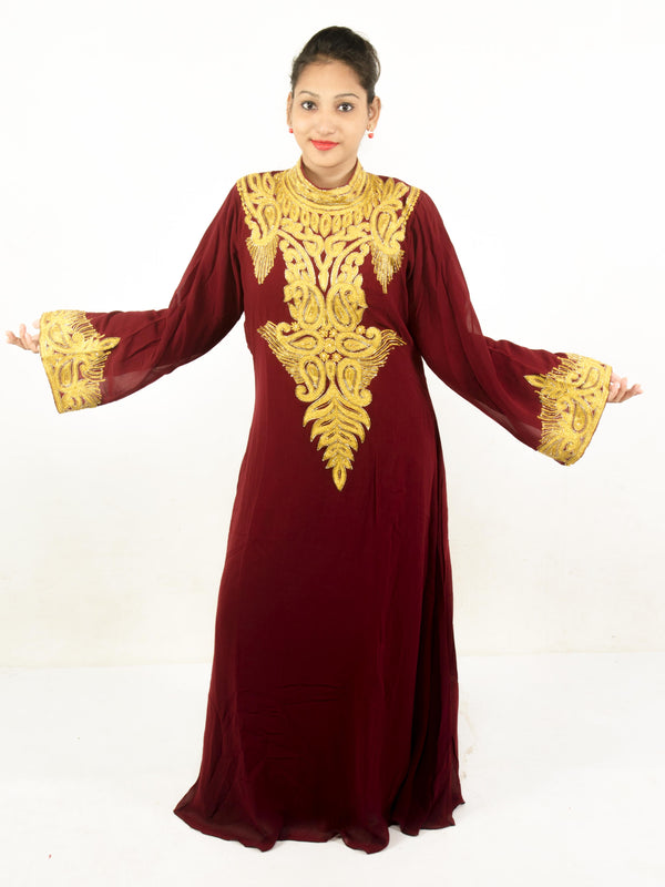 Brown embroidered georgette islamic kaftan