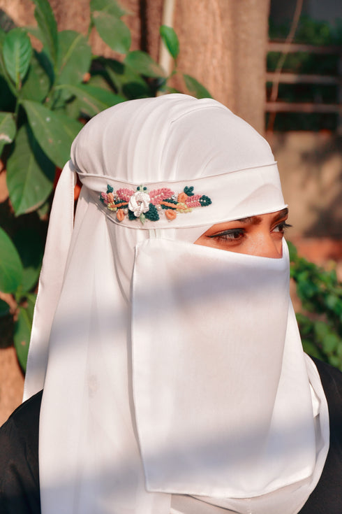 white threadwork partywear| wedding| bridal handwork hijab with naqab