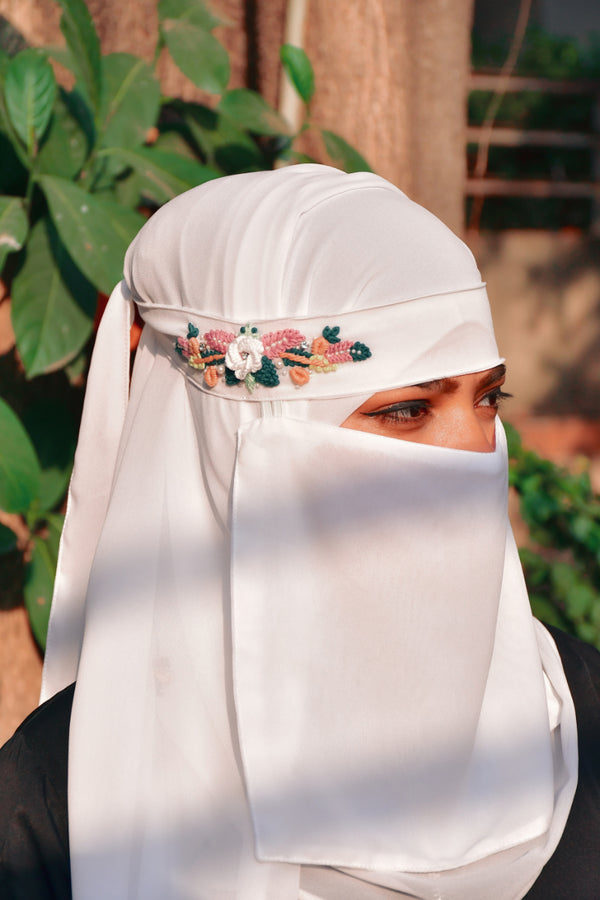 white threadwork partywear| wedding| bridal handwork hijab with naqab