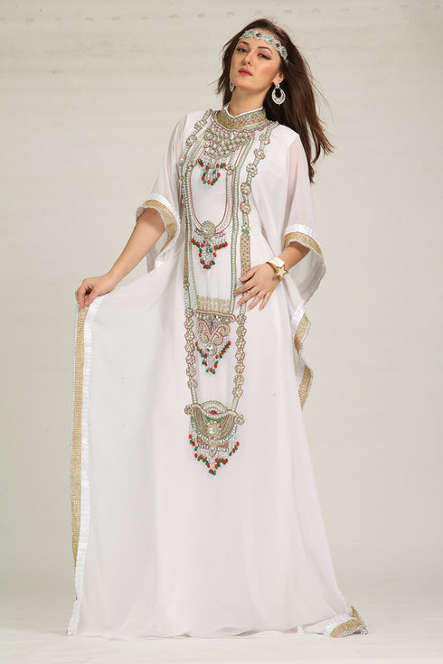 White designer islamic hand beaded takchita kaftan