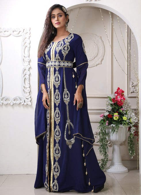 Women dark blue designer islamic moroccan style hand beaded wedding takchita kaftan