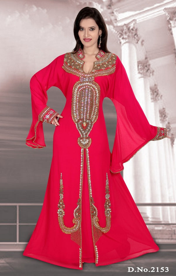 Peach embroidered georgette islamic-kaftans