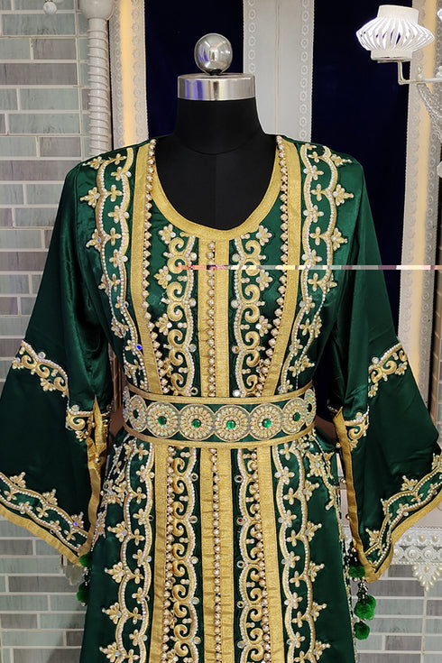 Bottle green moroccan embroidery maxi wedding kaftan