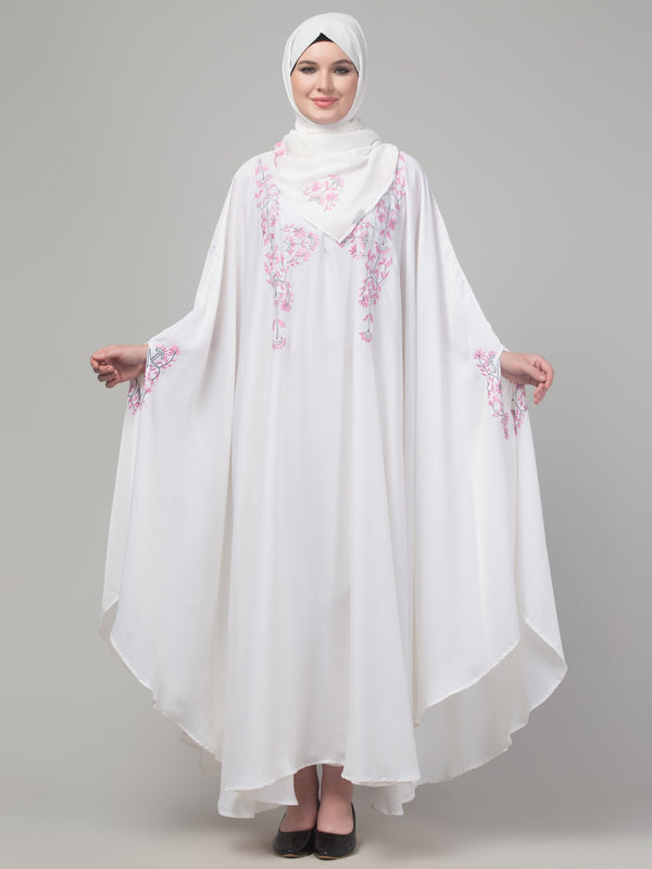 White threads embroiderey irani kaftan abaya with embroidered hijab