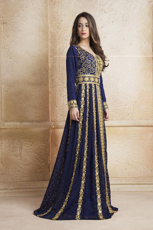 Gleaming blue party wear full sleeve black beading around the neck long sleeve kaftan