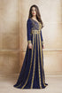 Gleaming blue party wear full sleeve black beading around the neck long sleeve kaftan