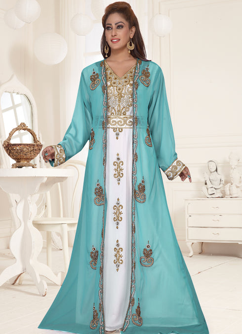 Turquoise embroidered georgette islamic-kaftans With Sun-proof hijab.