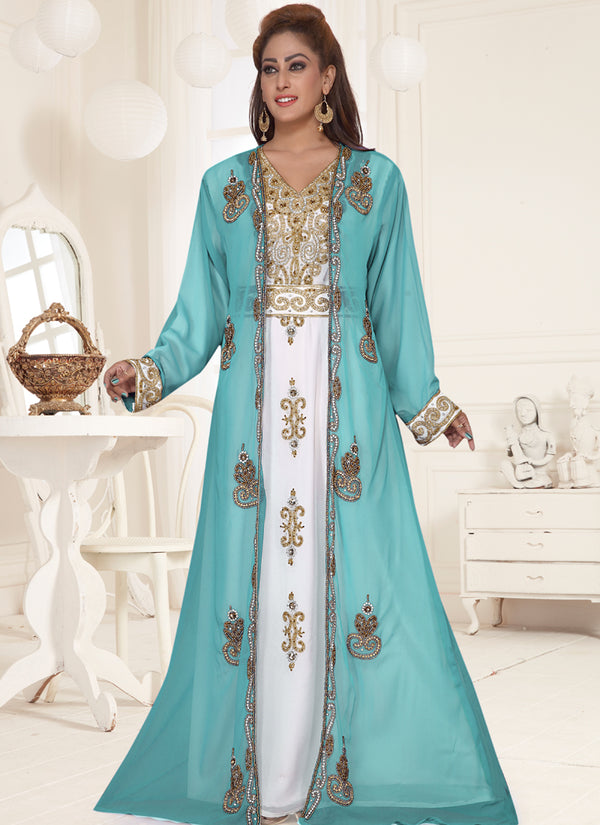 Turquoise embroidered georgette islamic-kaftans With Sun-proof hijab.