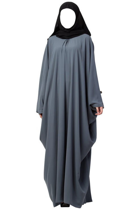 Grey simple yet elegant islamic kaftan abaya with pleats on neck
