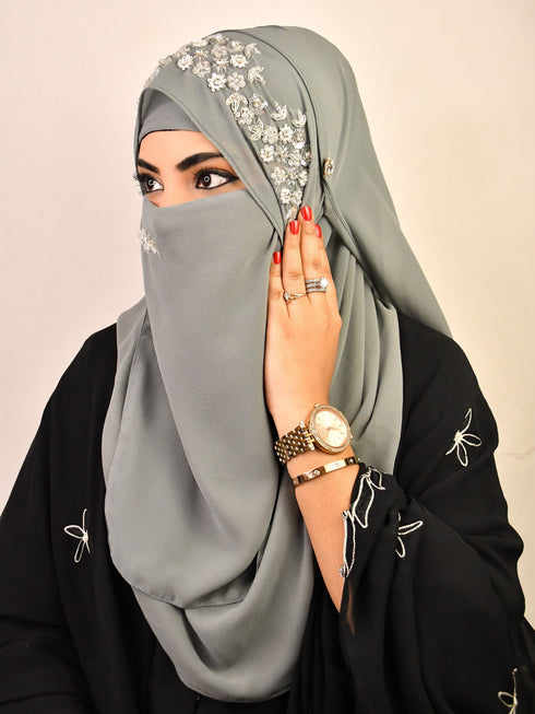 Grey luxury bridal wedding wear hijab scarf with handwork naqab