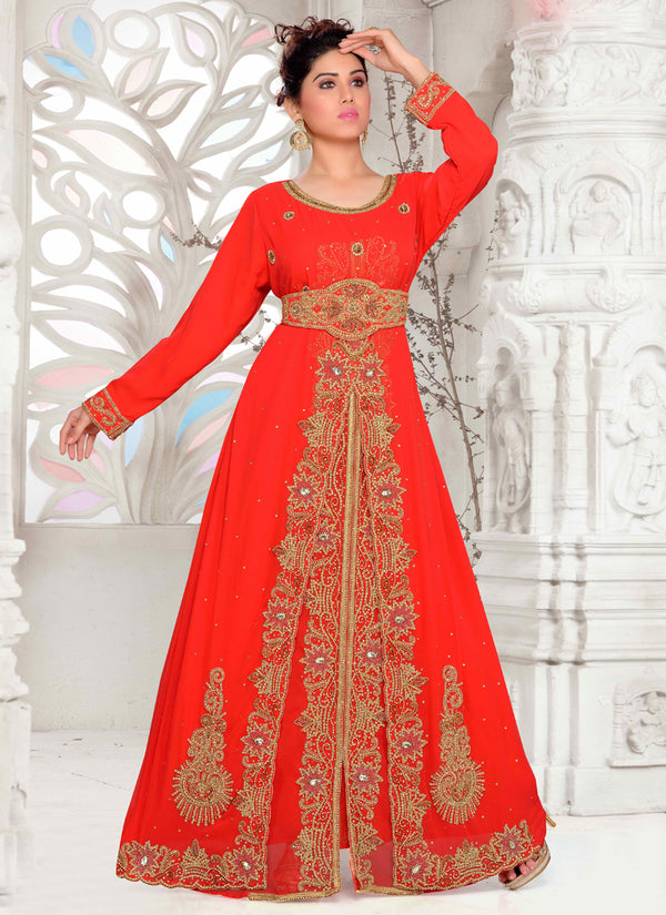 Red embroidered georgette islamic kaftans With Sun-proof hijab.