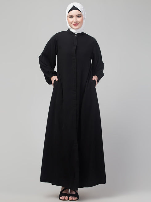 Black plain abaya with placket elastic sleeve and hijab