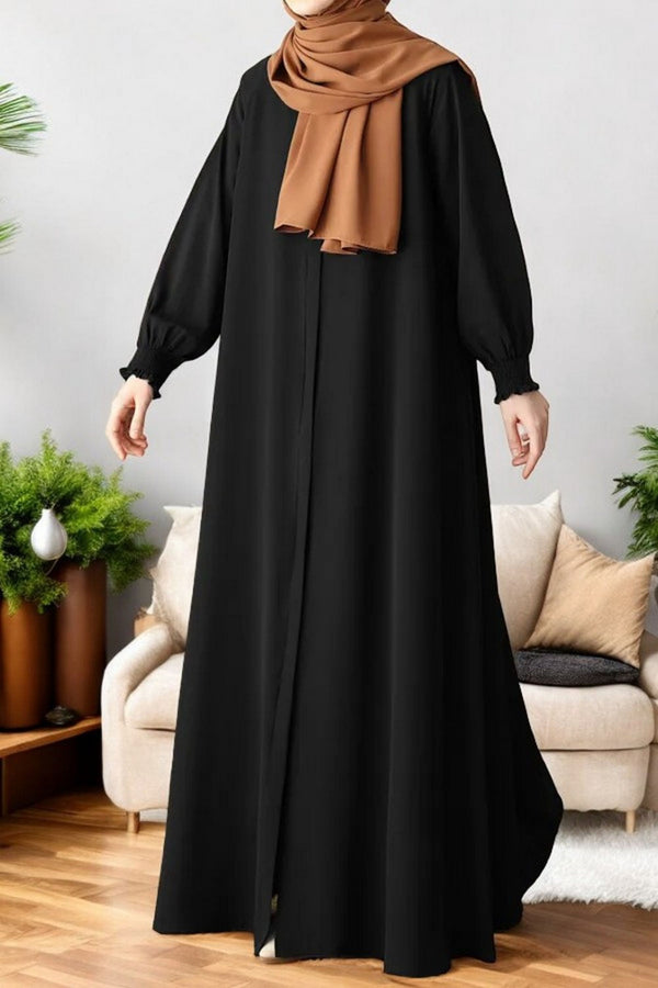 Black front open abaya with zipper opening umbrella flare and matching belt