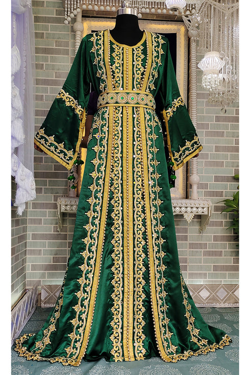 Bottle green moroccan embroidery maxi wedding kaftan