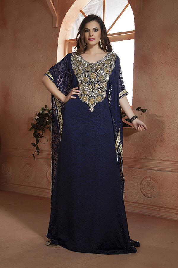 Dark blue net brasso handmade arabian design kaftan