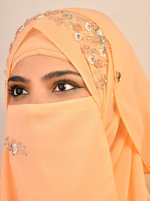 Peach luxury bridal wedding wear hijab scarf with handwork naqab