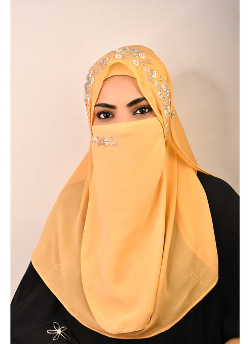 Golden luxury bridal wedding wear hijab scarf with handwork naqab