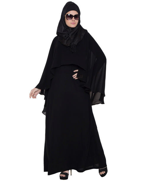 Black a line abaya with attached georgette cape for full coverage.