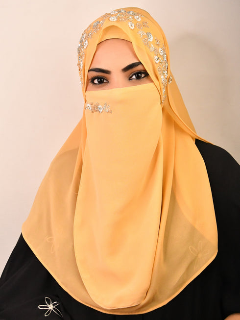 Golden luxury bridal wedding wear hijab scarf with handwork naqab