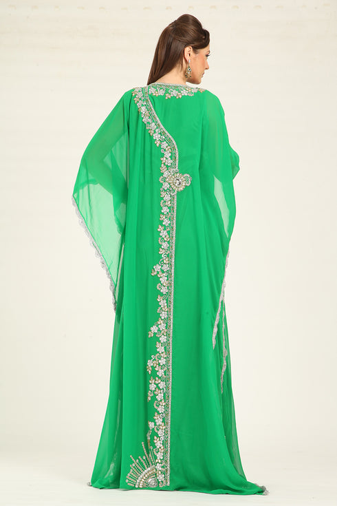 Parrot green designer islamic hand beaded takchita kaftan