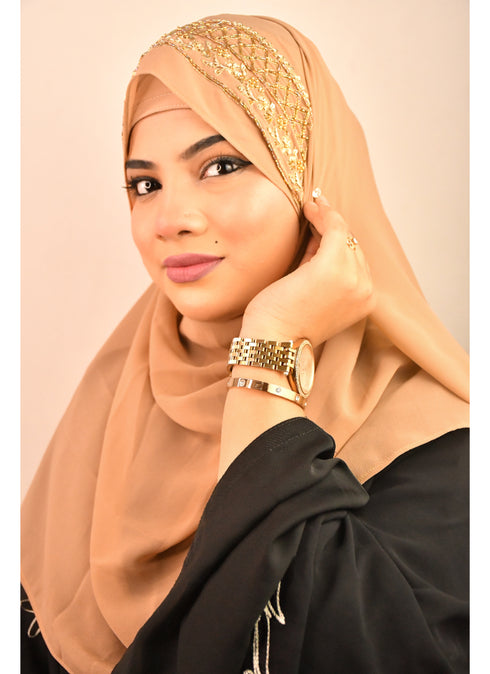 beige bridal hijab with handwork