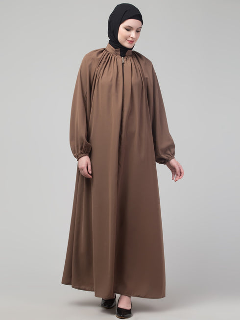 Light brown matt nida front zip elastic sleeve abaya with hijab