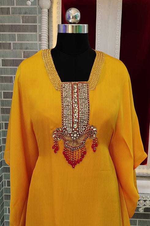 Golden yellow modern style satin chiffon african party wear kaftan