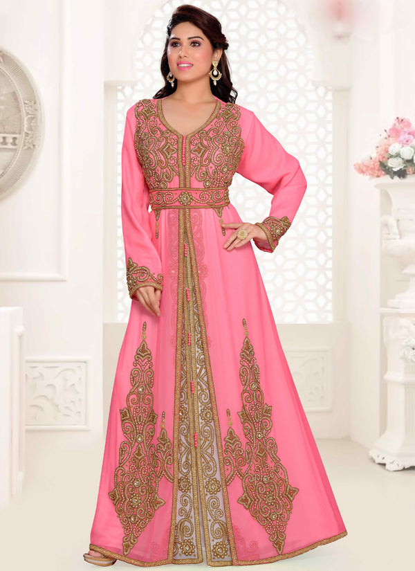 Pink embroidered georgette islamic kaftan
