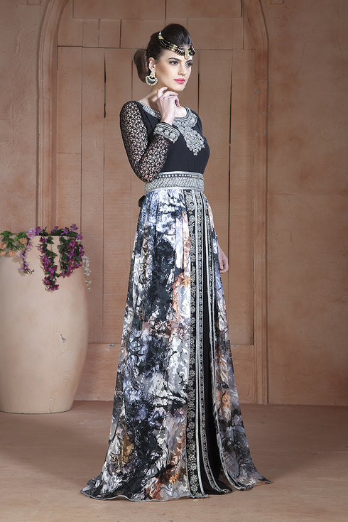 Gleaming mutil and black party wear full sleeve black beading around the neck long sleeve kaftan