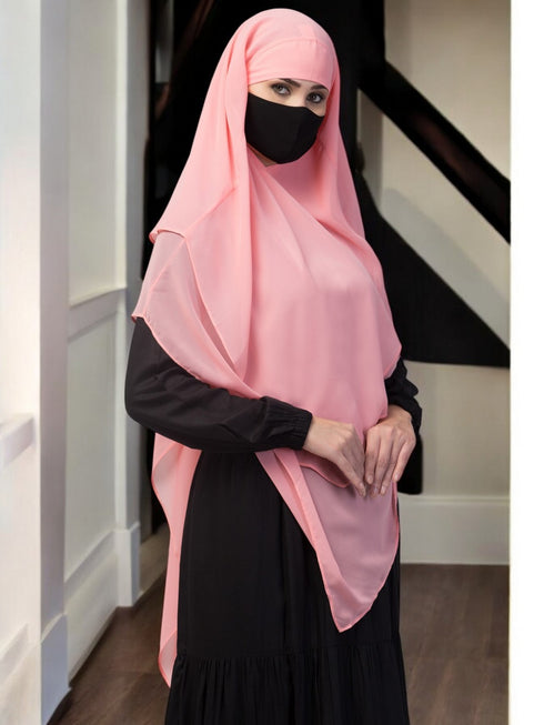 Pink multi layered triangular instant hijabkhimar in georgette